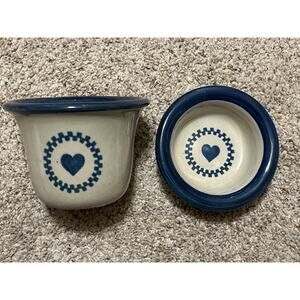 Brinker Pots  Stoneware Blue Heart Ice Crock and Top Dip MCM Vintage Valentine